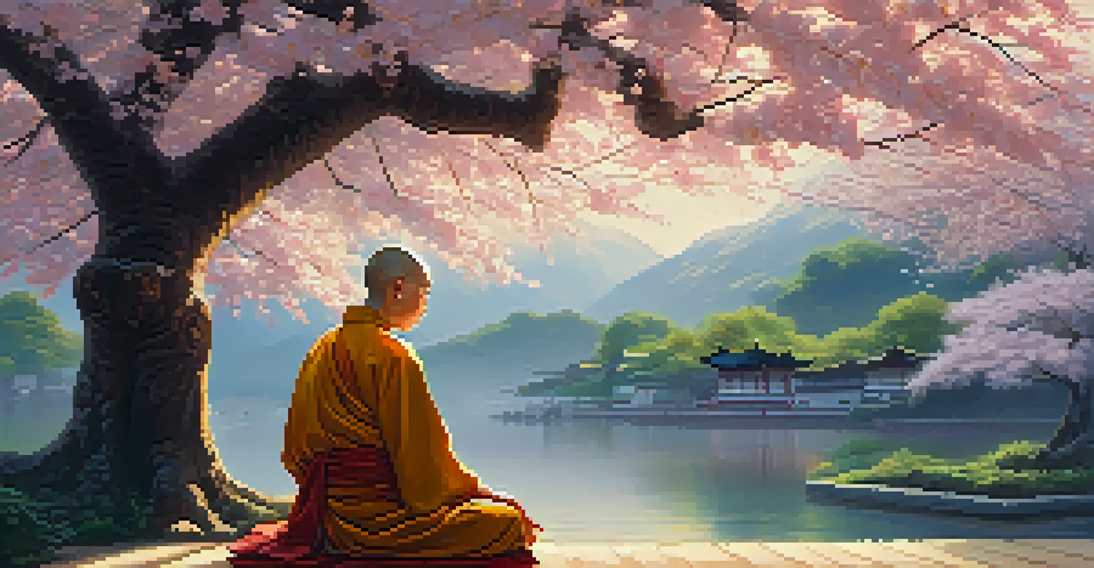 A Buddhist monk meditating under a cherry blossom tree with falling petals, illuminated by the warm glow of the setting sun.