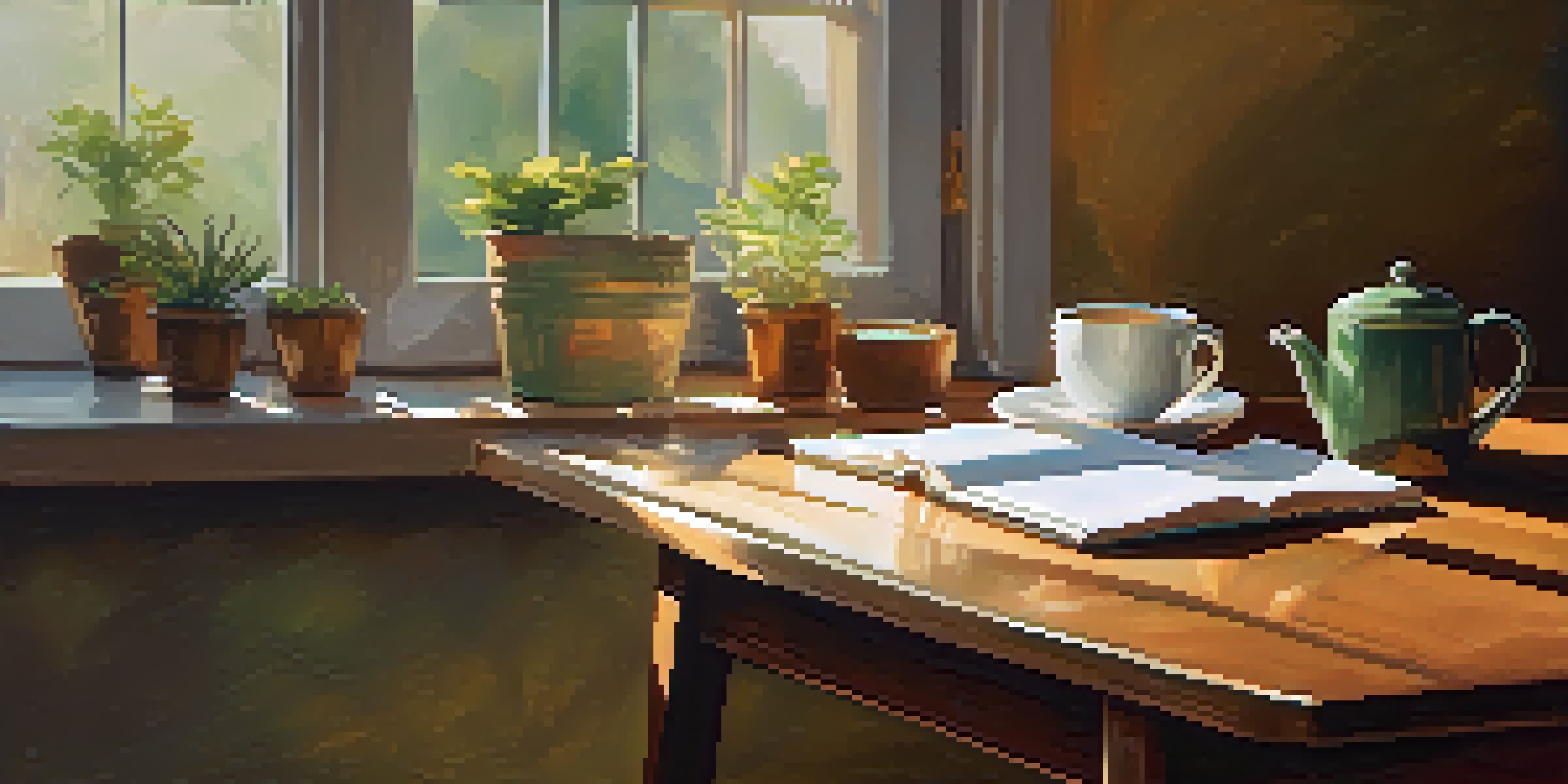 A person enjoying a peaceful morning with a cup of coffee at a wooden table, sunlight streaming in and a gratitude list beside them.