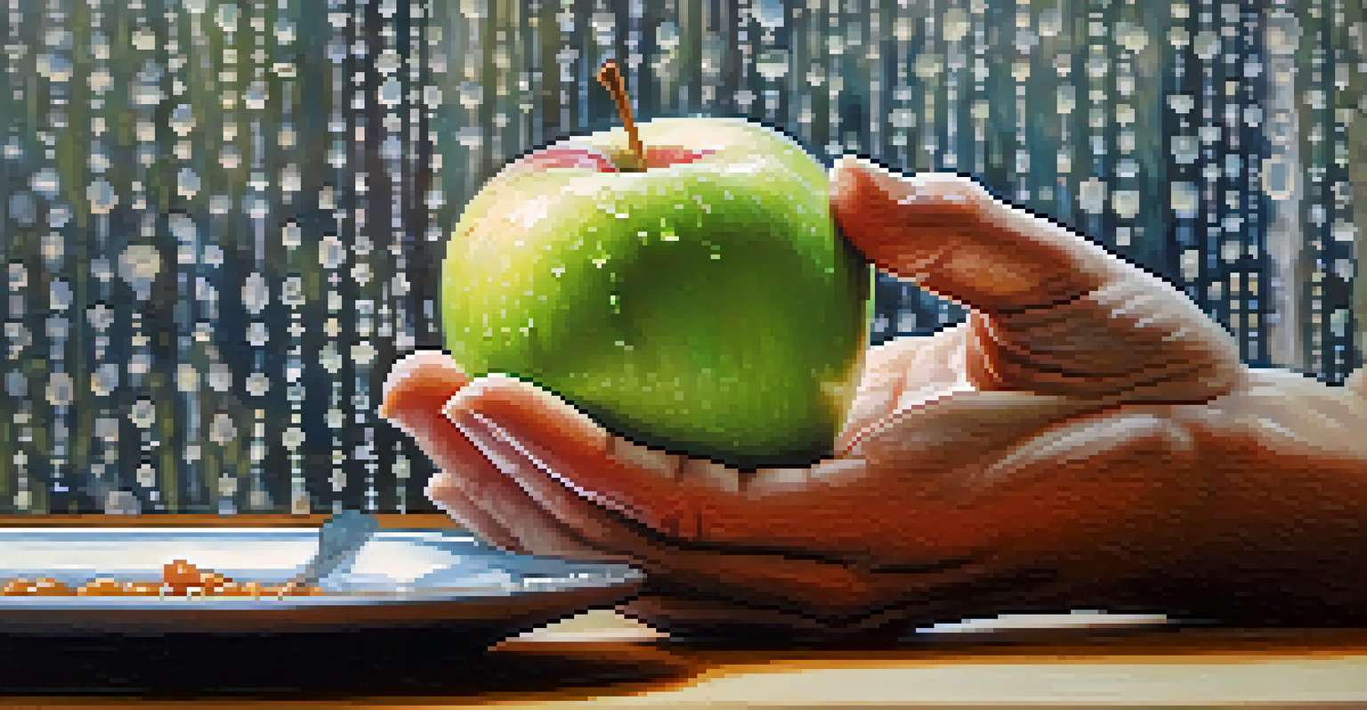 A close-up of hands holding a fresh apple, representing mindful eating.