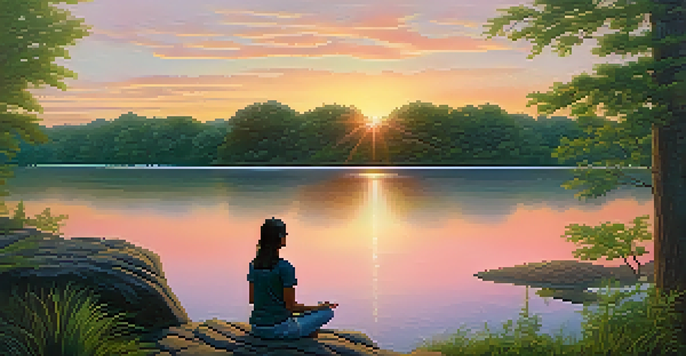 A peaceful lake at sunset with a person meditating on a rock, surrounded by trees.