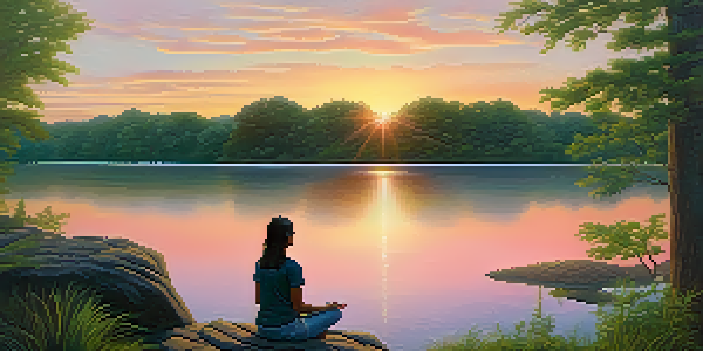 A peaceful lake at sunset with a person meditating on a rock, surrounded by trees.