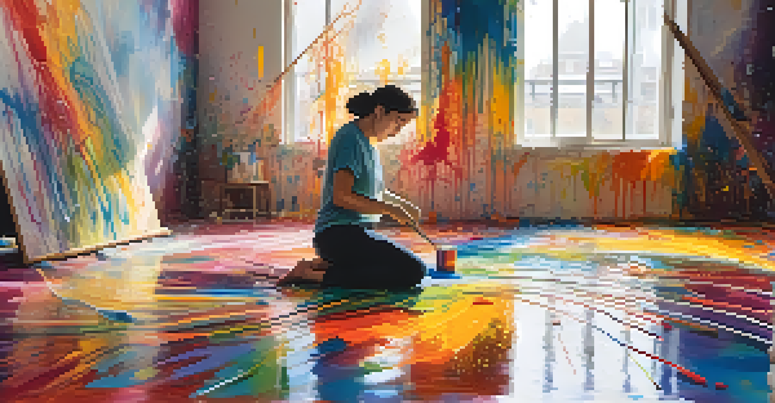 An artist passionately painting on a large canvas in a colorful studio, with sunlight illuminating their focused expression.