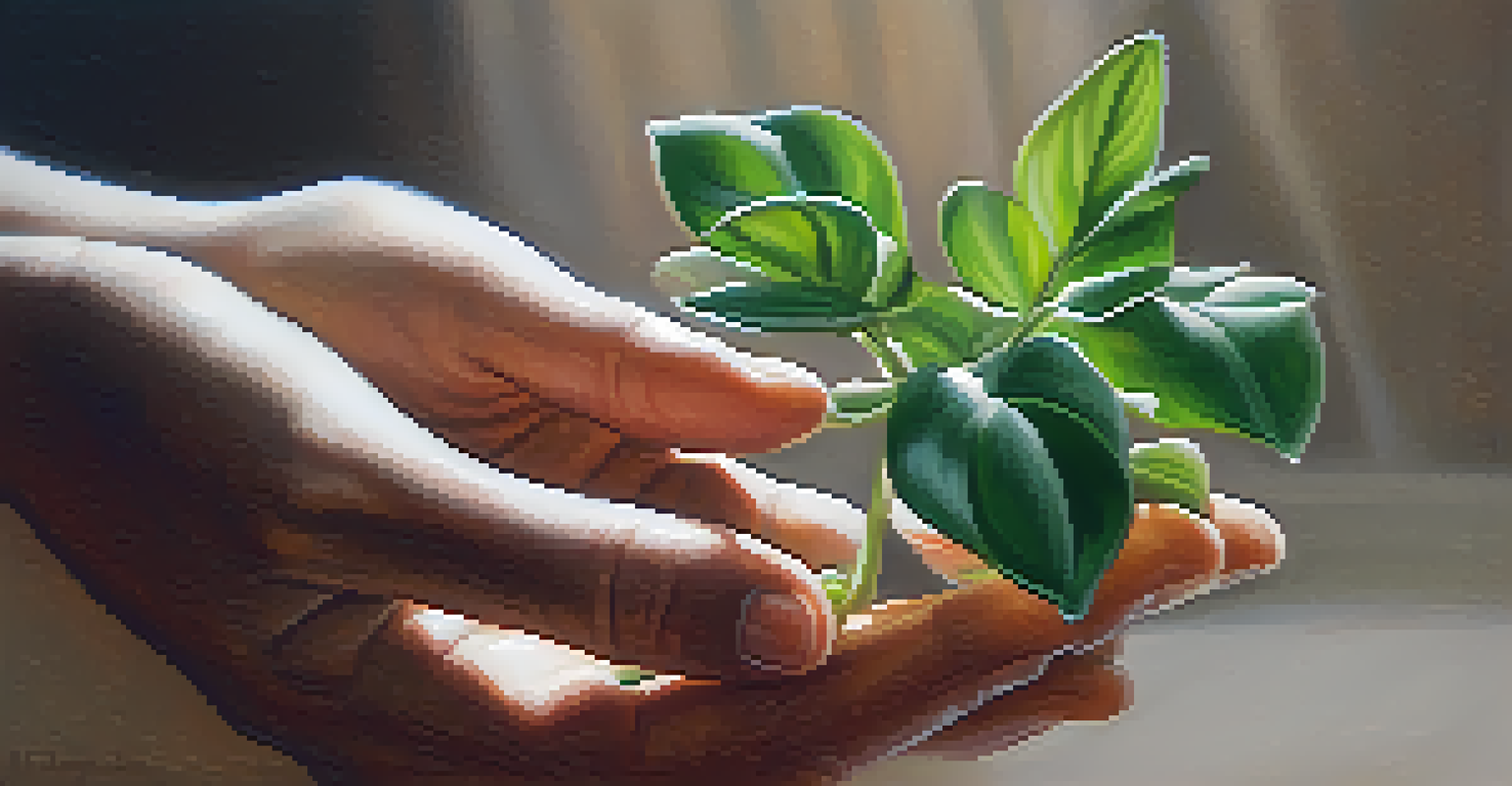 Two hands holding a small green plant, symbolizing growth and forgiveness.