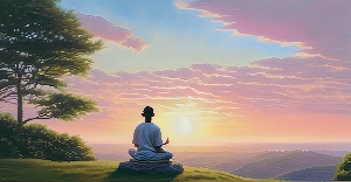 A person meditating on a hilltop at sunrise, surrounded by greenery, with a colorful sky.
