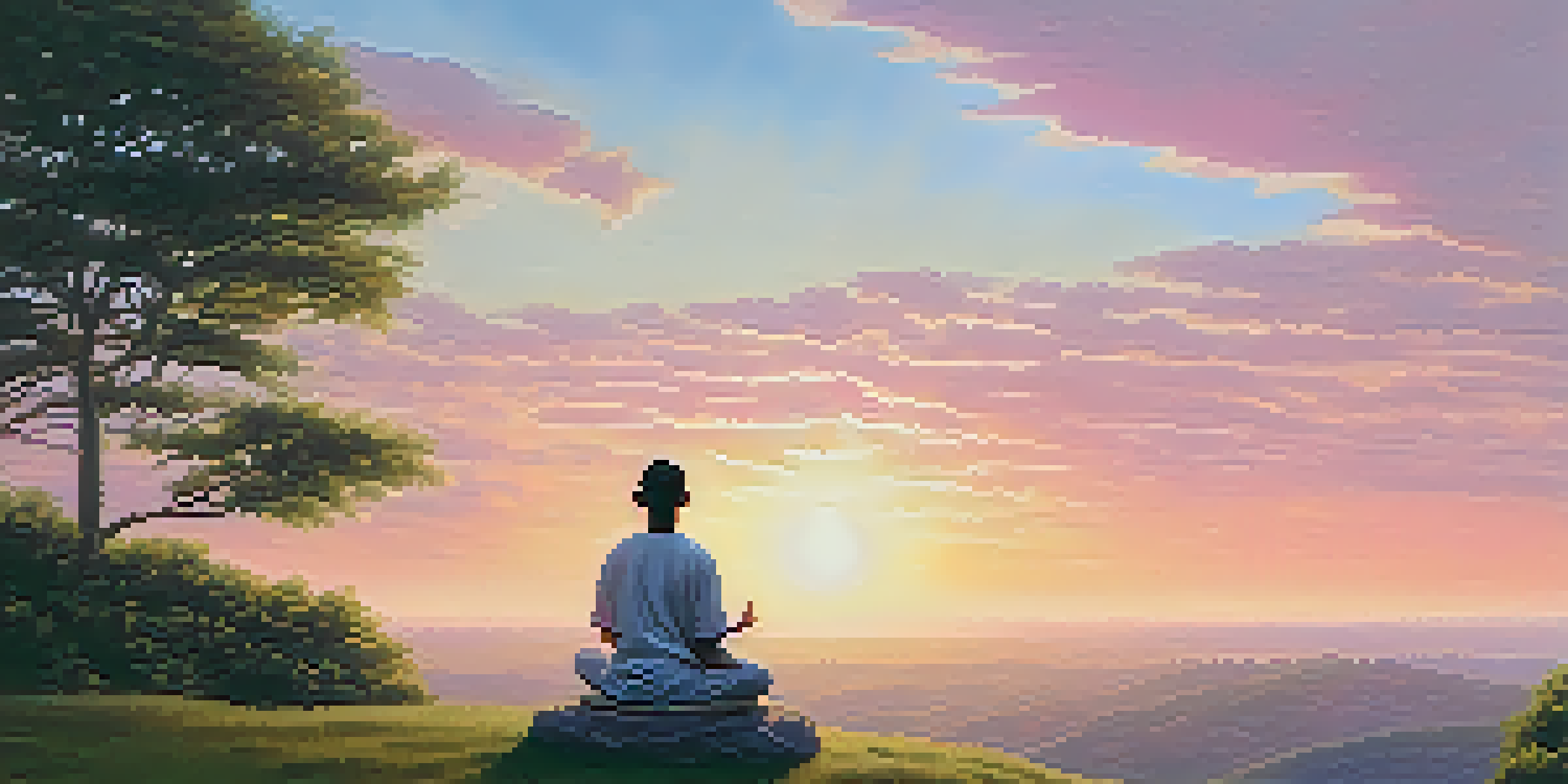 A person meditating on a hilltop at sunrise, surrounded by greenery, with a colorful sky.