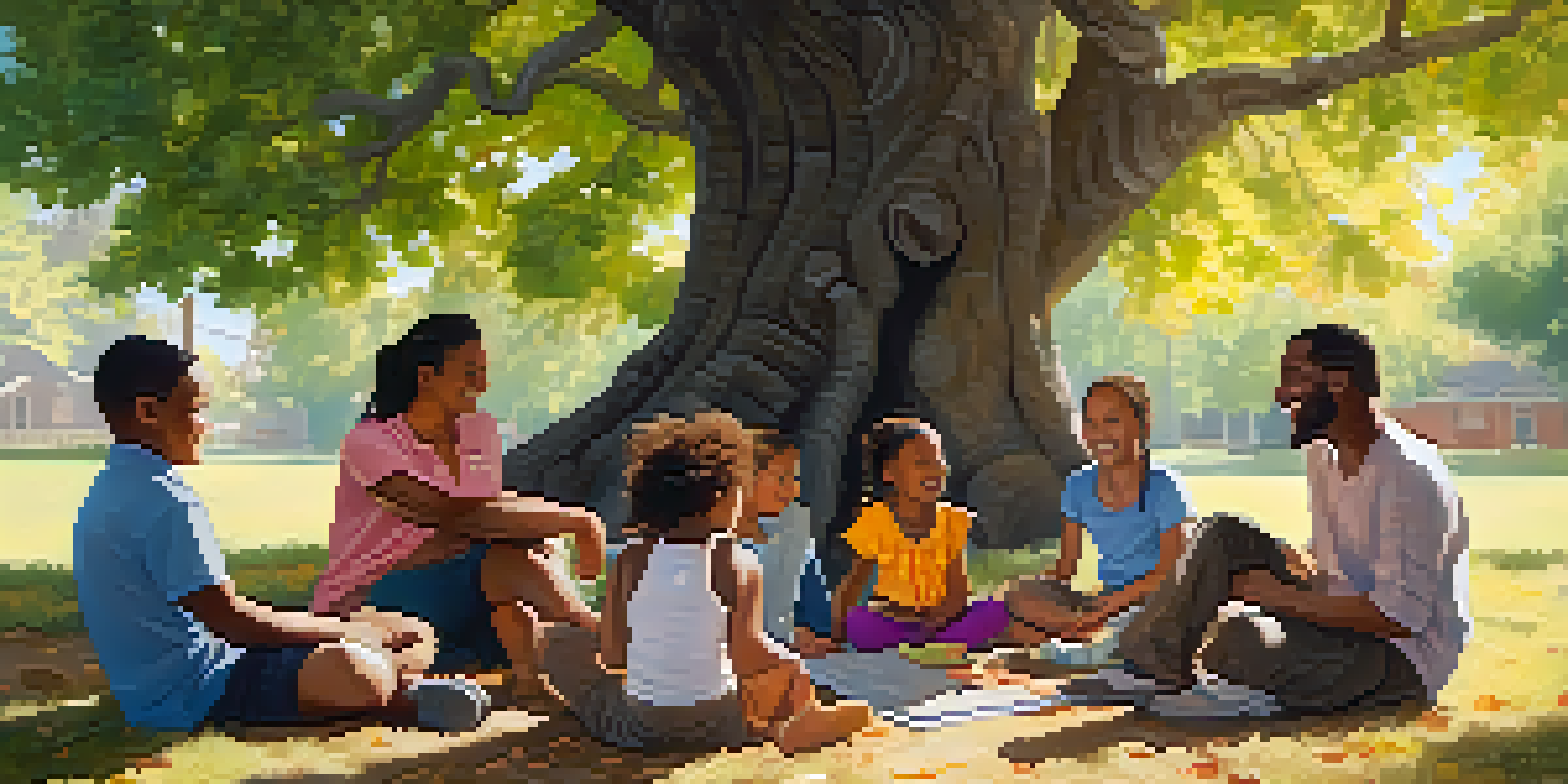 A group of diverse parents sharing stories under an oak tree while children play in the background.