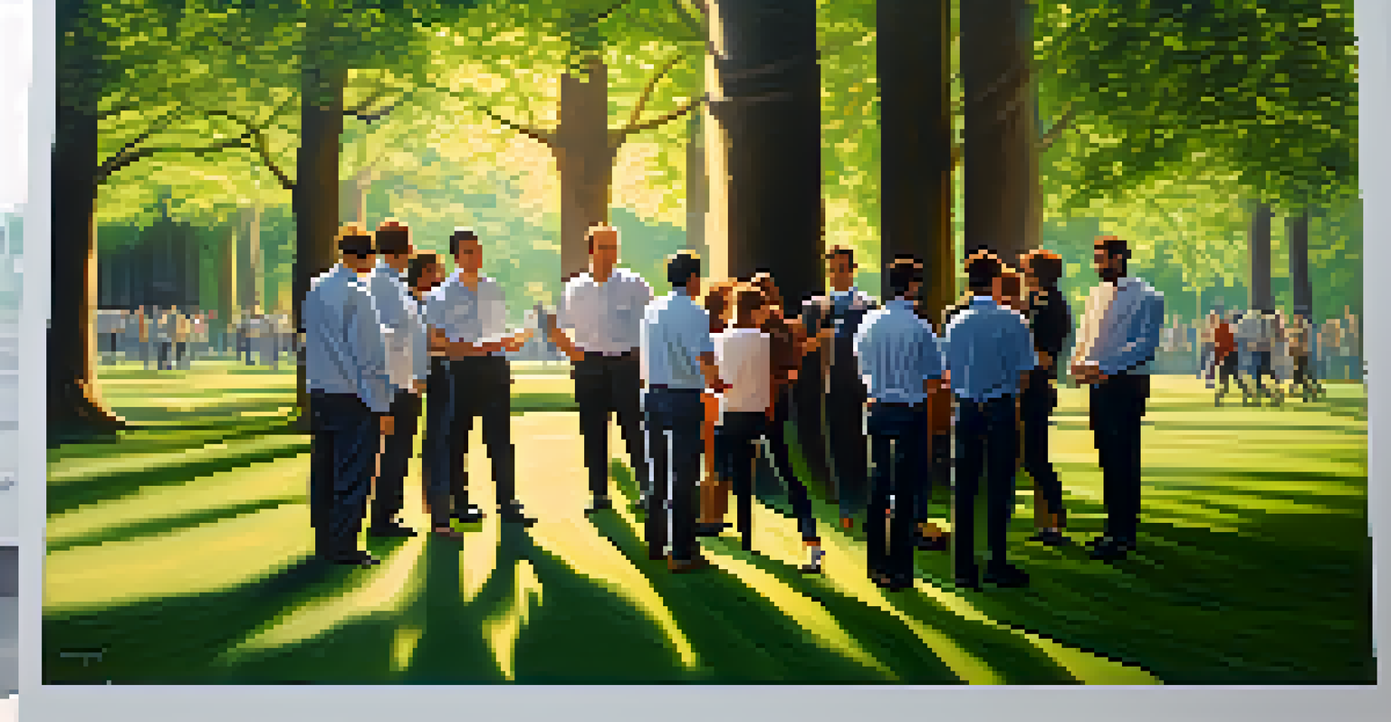 Employees engaged in team-building discussions in a green park, surrounded by trees and sunlight.