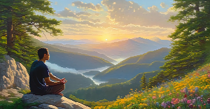 A person meditating on a mountain top at sunrise, with a peaceful expression and surrounded by nature.