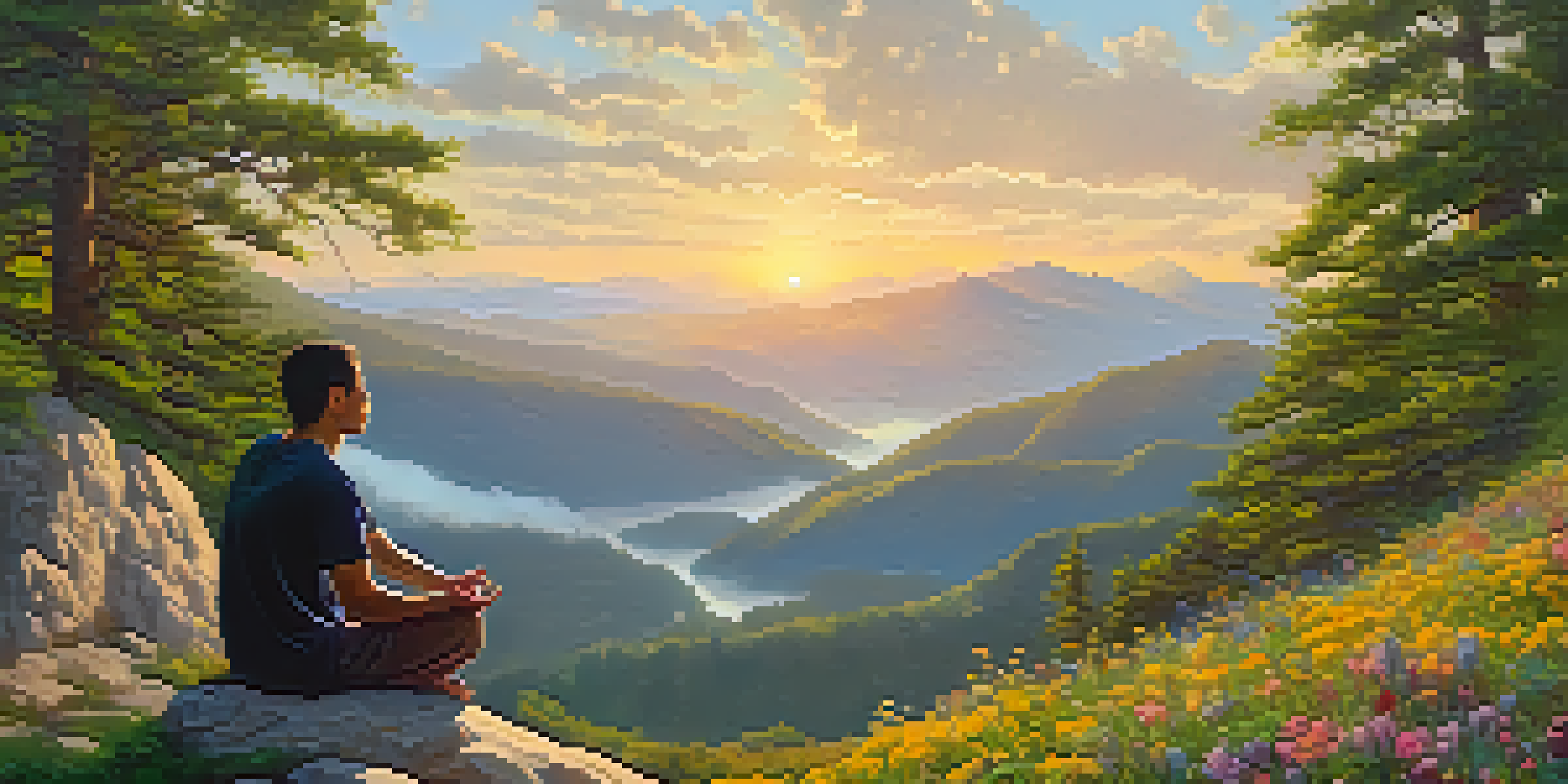 A person meditating on a mountain top at sunrise, with a peaceful expression and surrounded by nature.
