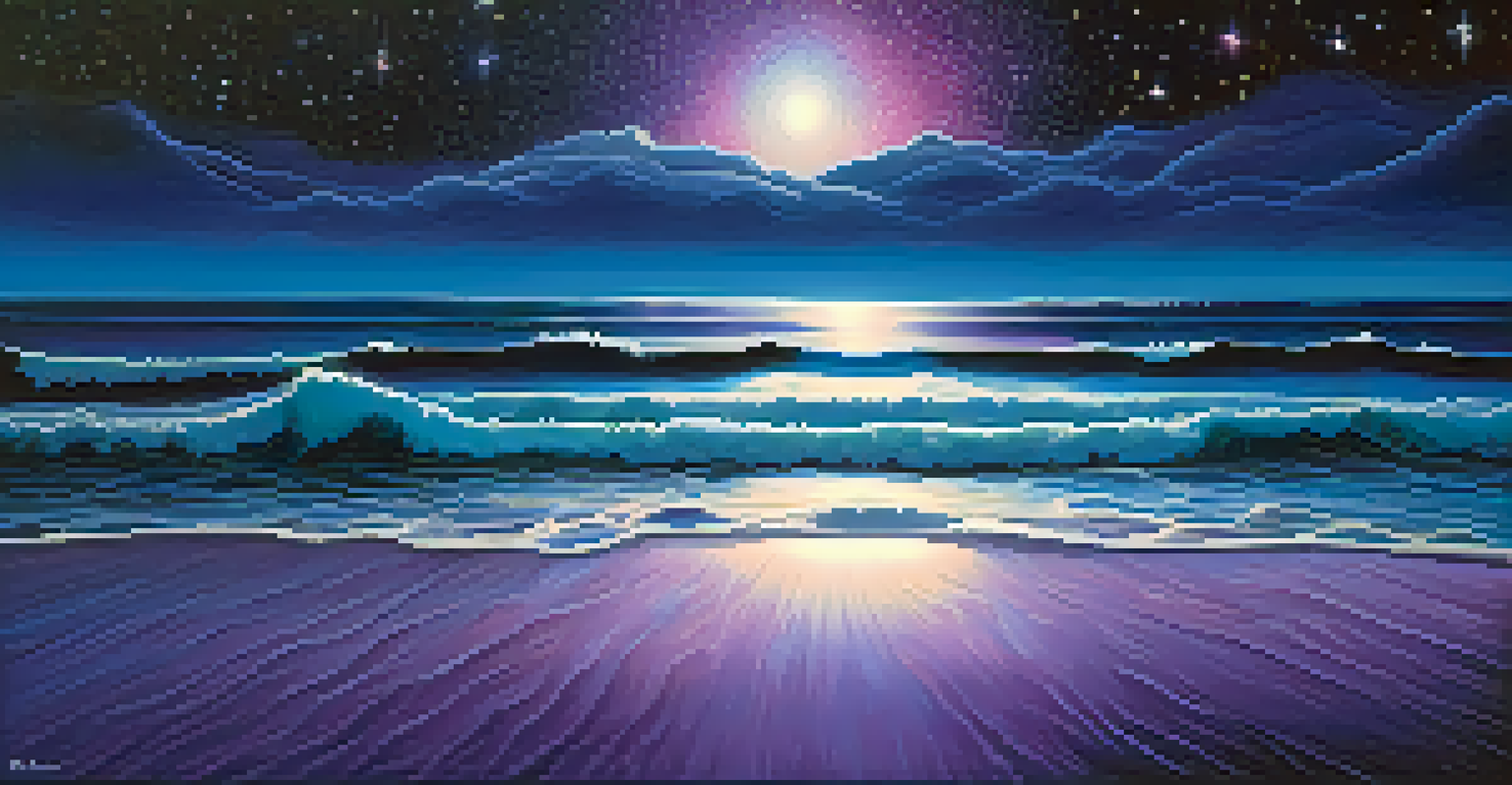 An abstract ocean scene at night, symbolizing eternal reality, with waves reflecting stars and deep blue colors.