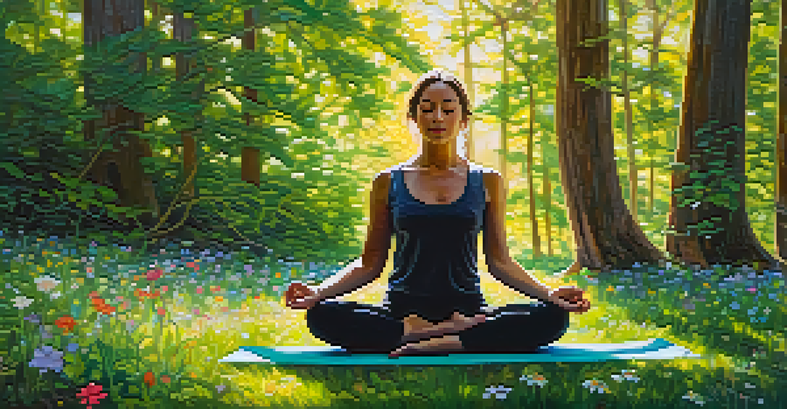 A person meditating in a lush forest, surrounded by greenery and flowers, with sunlight filtering through the trees.