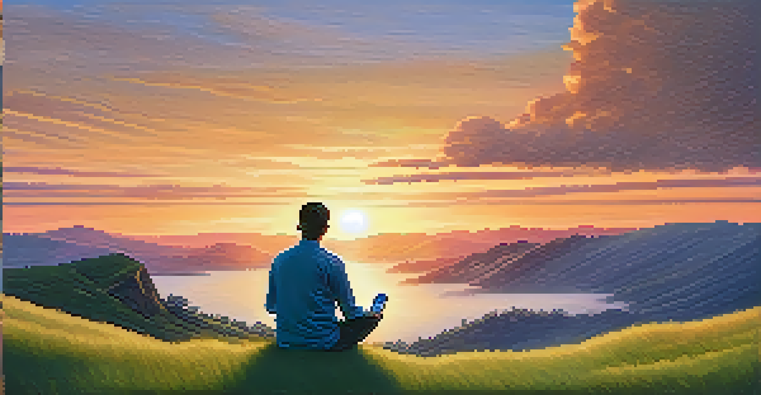 A person meditating on a hill at sunset with a smartphone placed face down beside them.