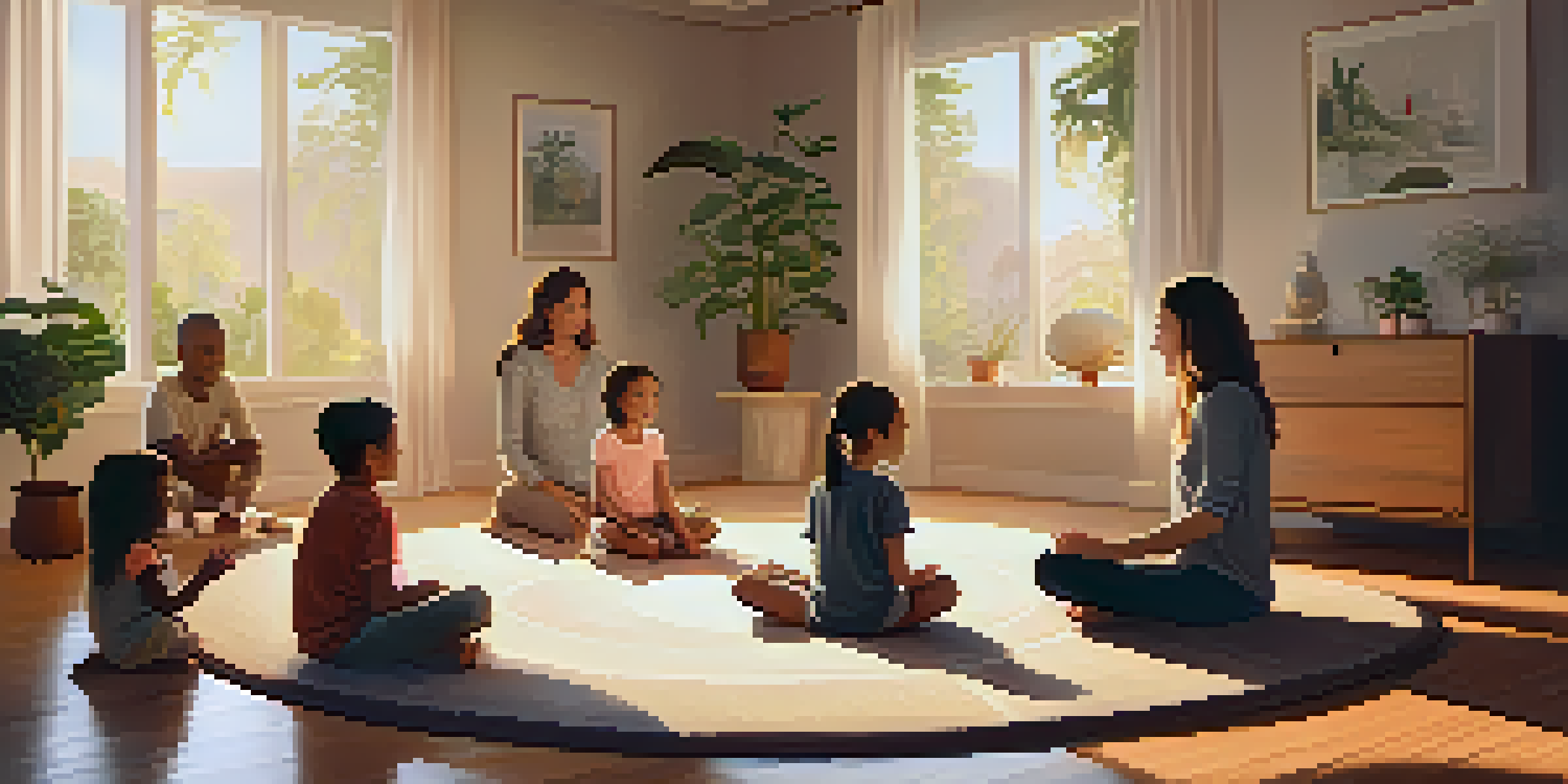 A family practicing mindfulness meditation together in a bright, cozy living room with plants and soft lighting.