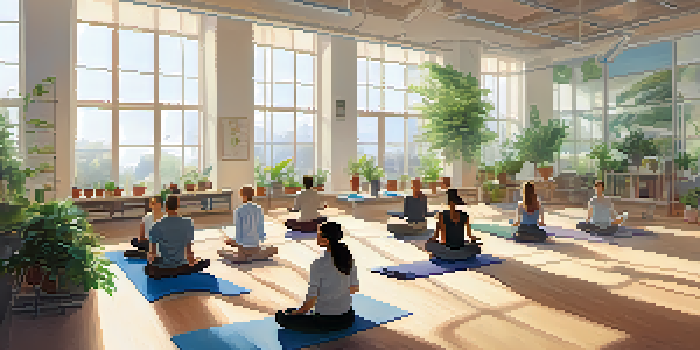 A diverse group of scientists practicing mindfulness in a bright, airy laboratory, seated in a circle on yoga mats with plants around them.