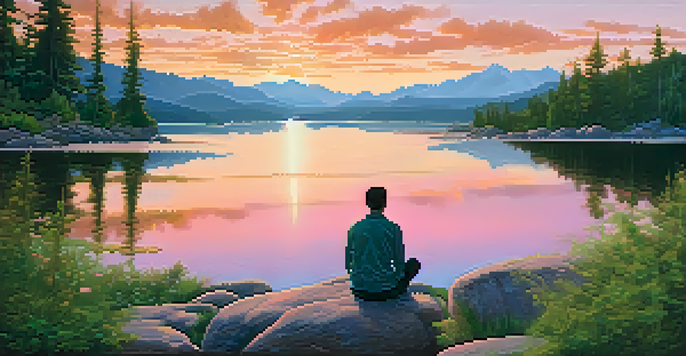 A peaceful scene of a person meditating on a rocky outcrop by a quiet lake at sunset, with vibrant sky colors reflecting on the water.