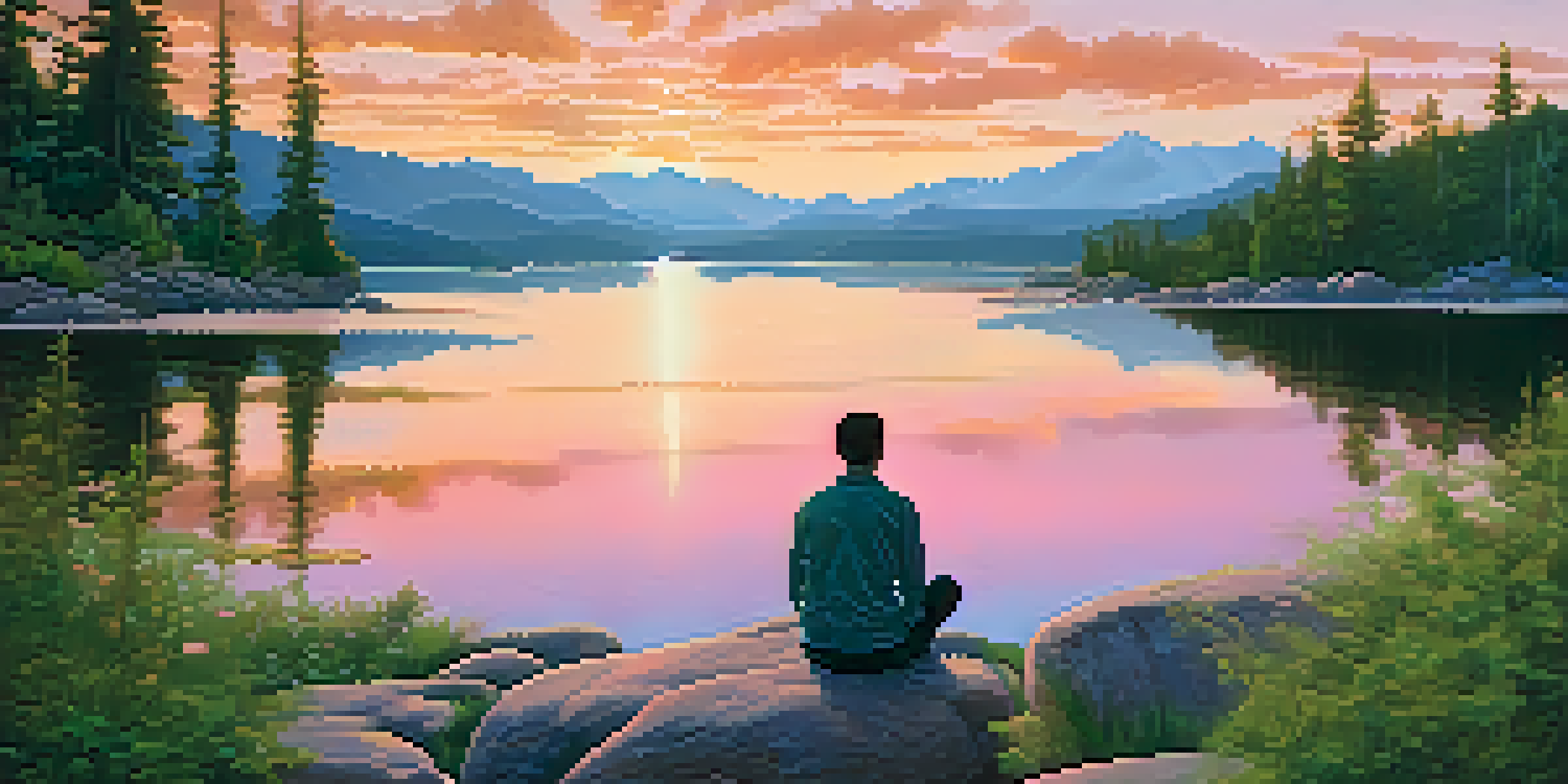 A peaceful scene of a person meditating on a rocky outcrop by a quiet lake at sunset, with vibrant sky colors reflecting on the water.