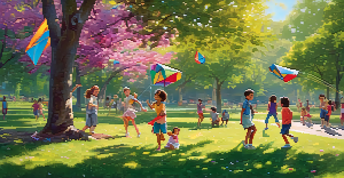 A lively park scene with people of different ages playing games, flying kites, and enjoying the sunny weather among green trees and colorful flowers.