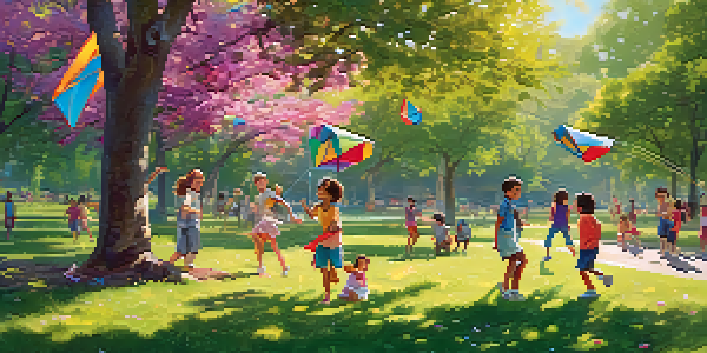 A lively park scene with people of different ages playing games, flying kites, and enjoying the sunny weather among green trees and colorful flowers.