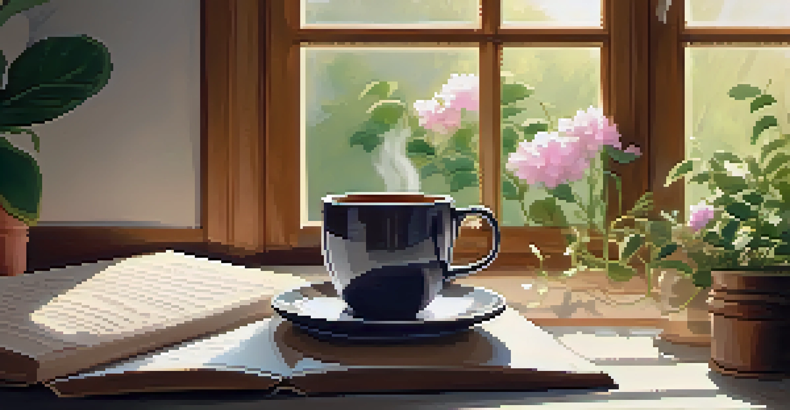 A cozy workspace with tea, a journal, and sunlight filtering through a window.
