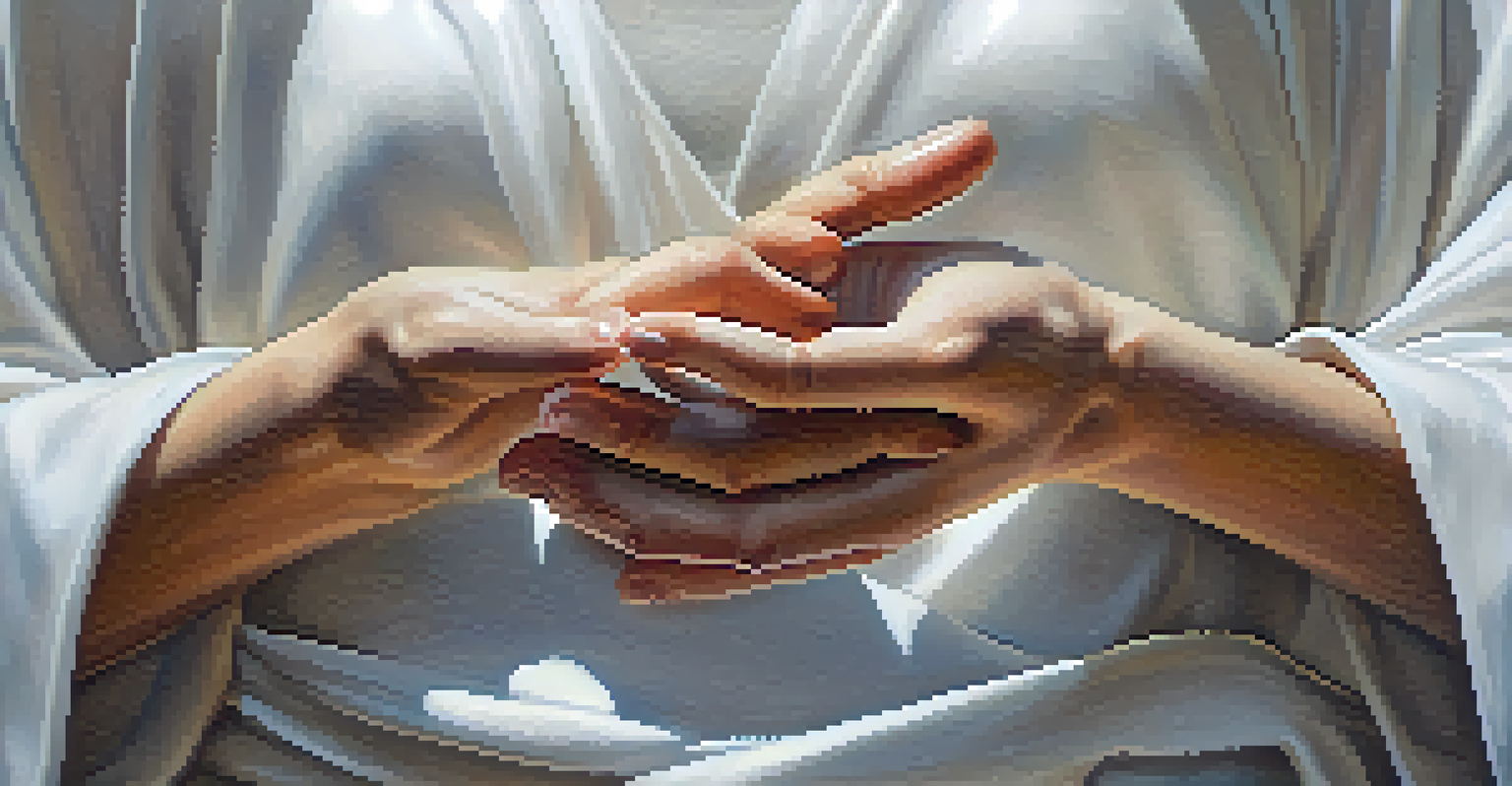 A close-up of hands in a Qigong breathing technique, with a softly blurred background.