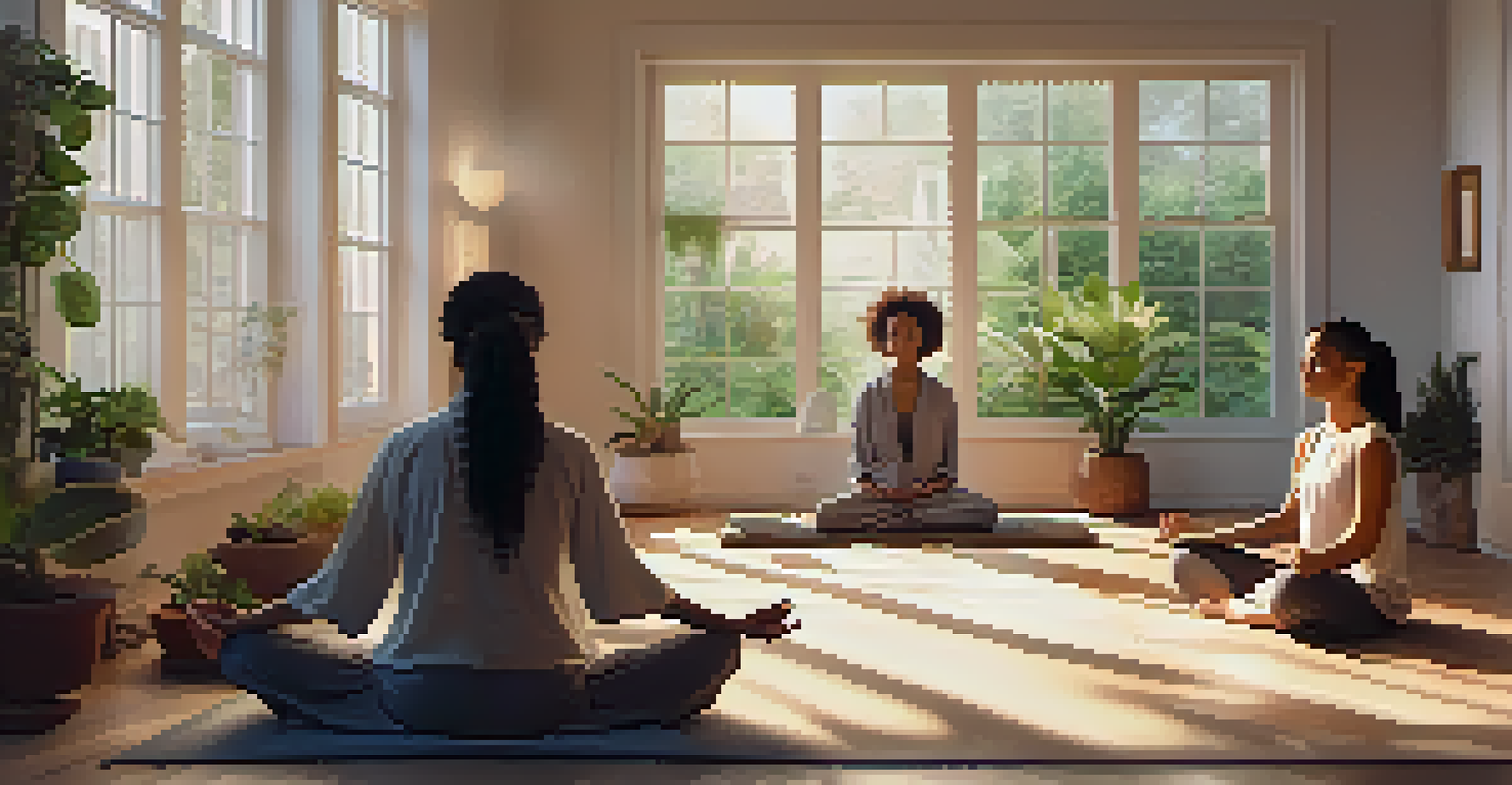 A small group of activists meditating in a cozy room with soft natural light and calming decor.
