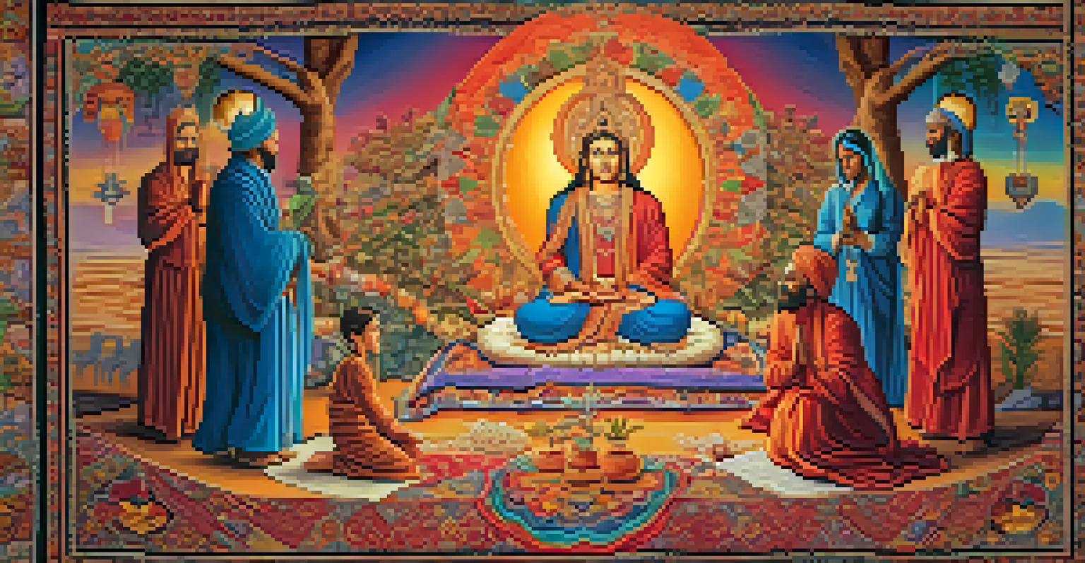 A family standing together in front of a colorful tapestry that represents various spiritual beliefs, with symbols intricately woven into the fabric.