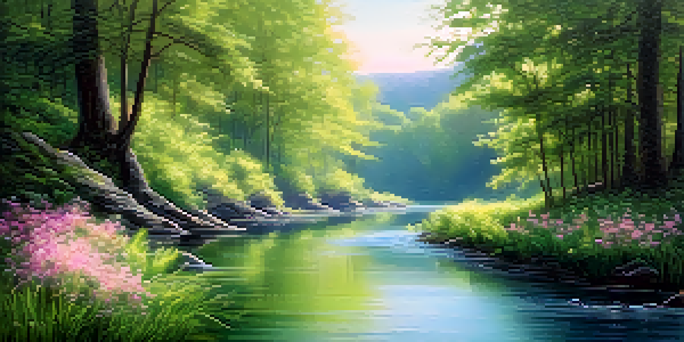 A peaceful river in a vibrant forest with flowers, depicting nurturing feminine energy.