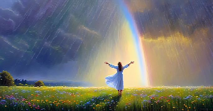 A person standing in a green field with arms outstretched in the rain, wildflowers blooming around them, and sunlight breaking through clouds.