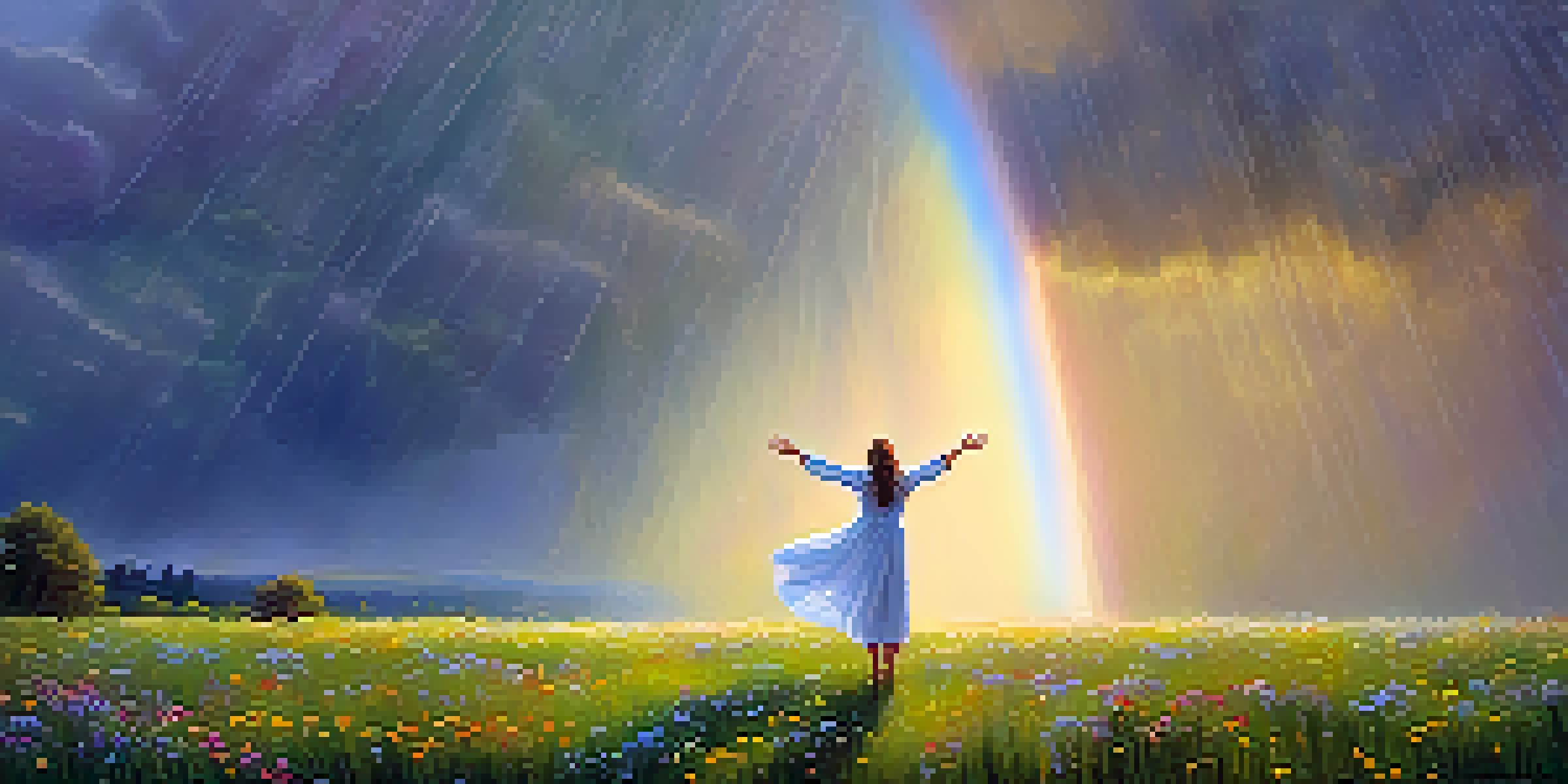 A person standing in a green field with arms outstretched in the rain, wildflowers blooming around them, and sunlight breaking through clouds.