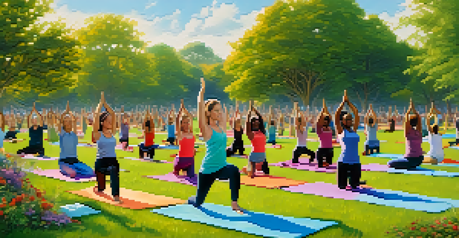 A diverse group of people participating in a yoga session outdoors on a sunny day, surrounded by nature.