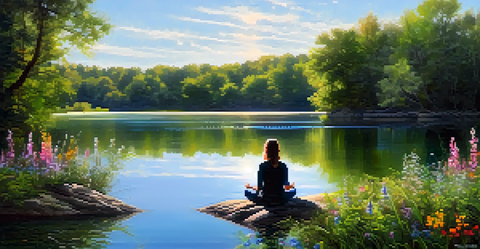 A peaceful lakeside scene with a person meditating, surrounded by greenery and flowers, under soft sunlight.