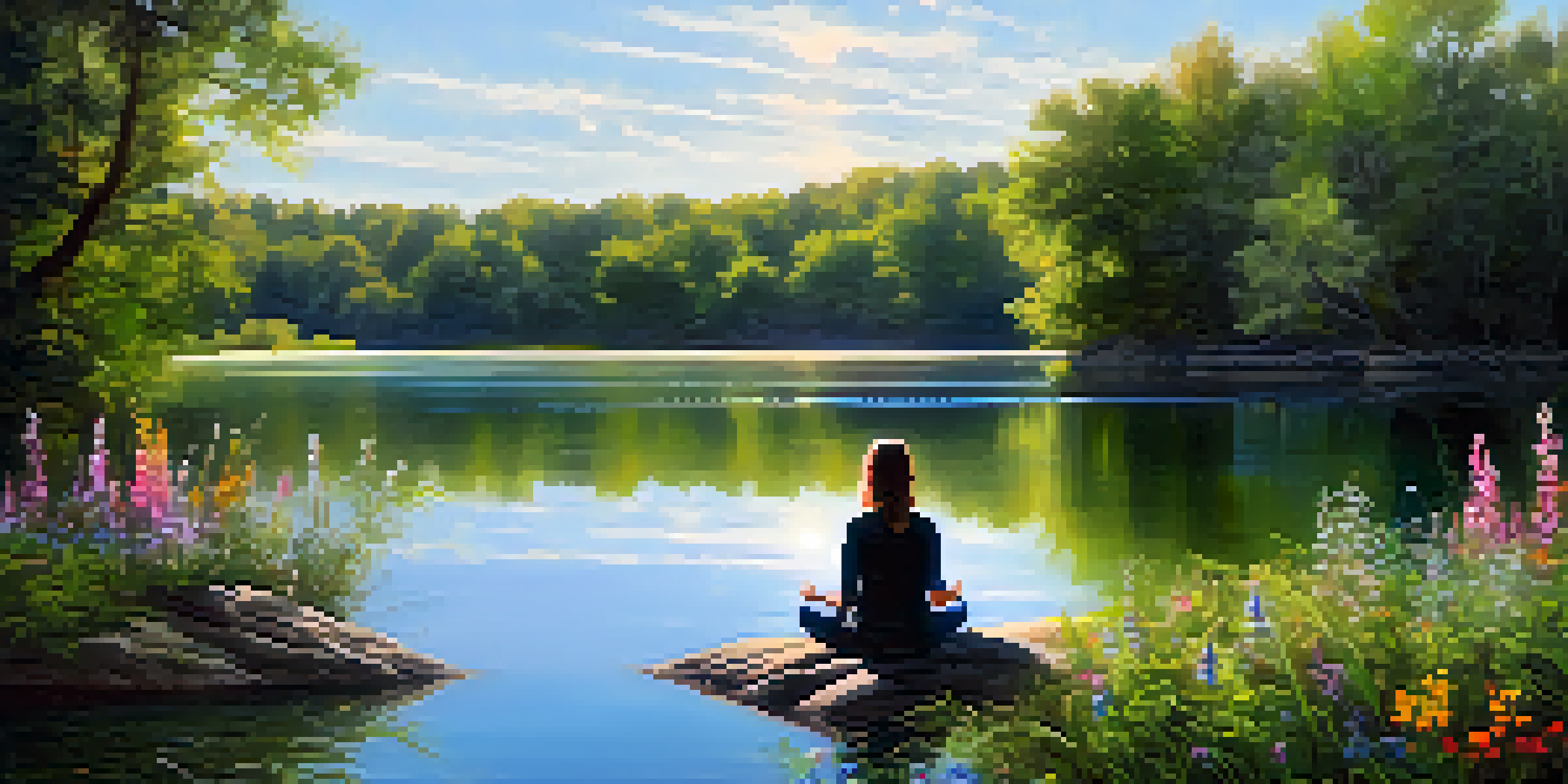 A peaceful lakeside scene with a person meditating, surrounded by greenery and flowers, under soft sunlight.