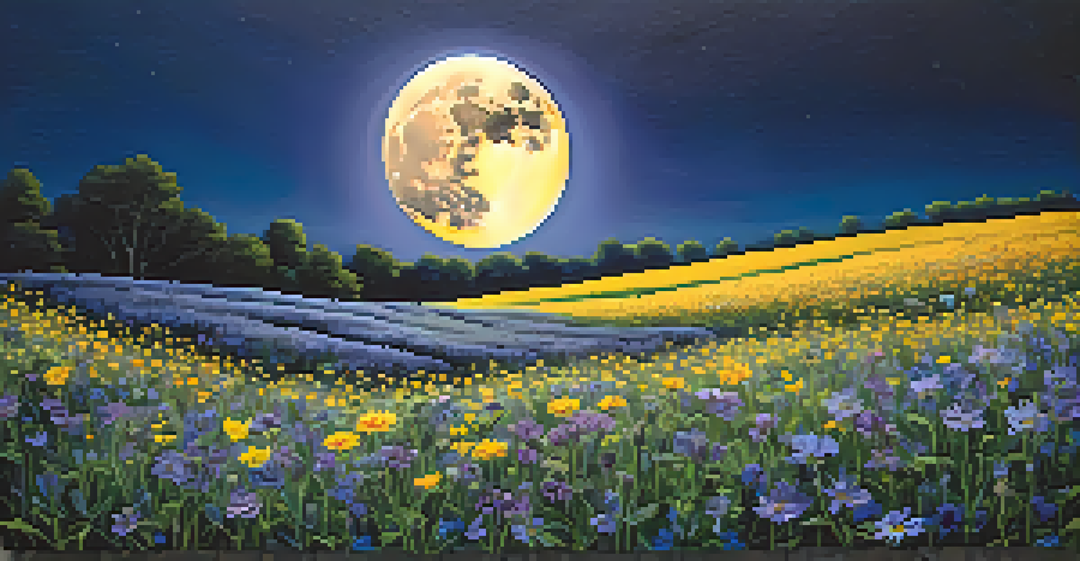 A bright Full Moon illuminating a field of colorful wildflowers under a dark blue sky.
