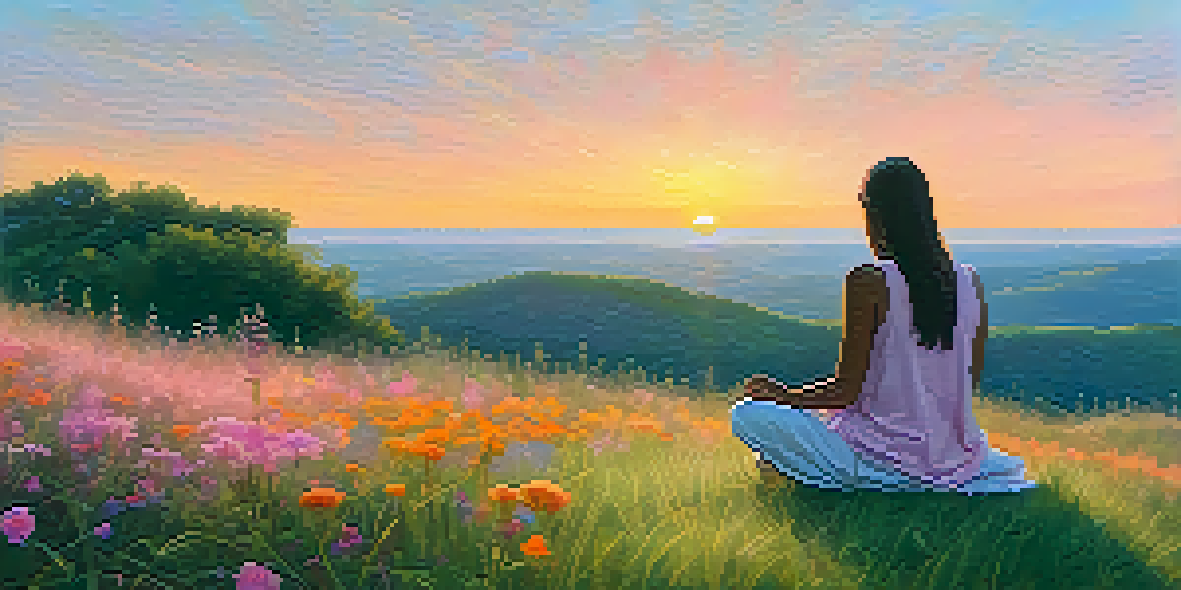 A person meditating on a grassy hilltop at sunrise, surrounded by colorful wildflowers under a pastel sky.