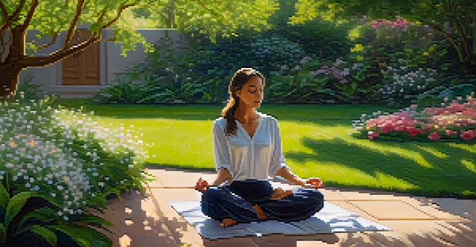 A person meditating in a peaceful garden filled with flowers and greenery, with sunlight filtering through the trees.