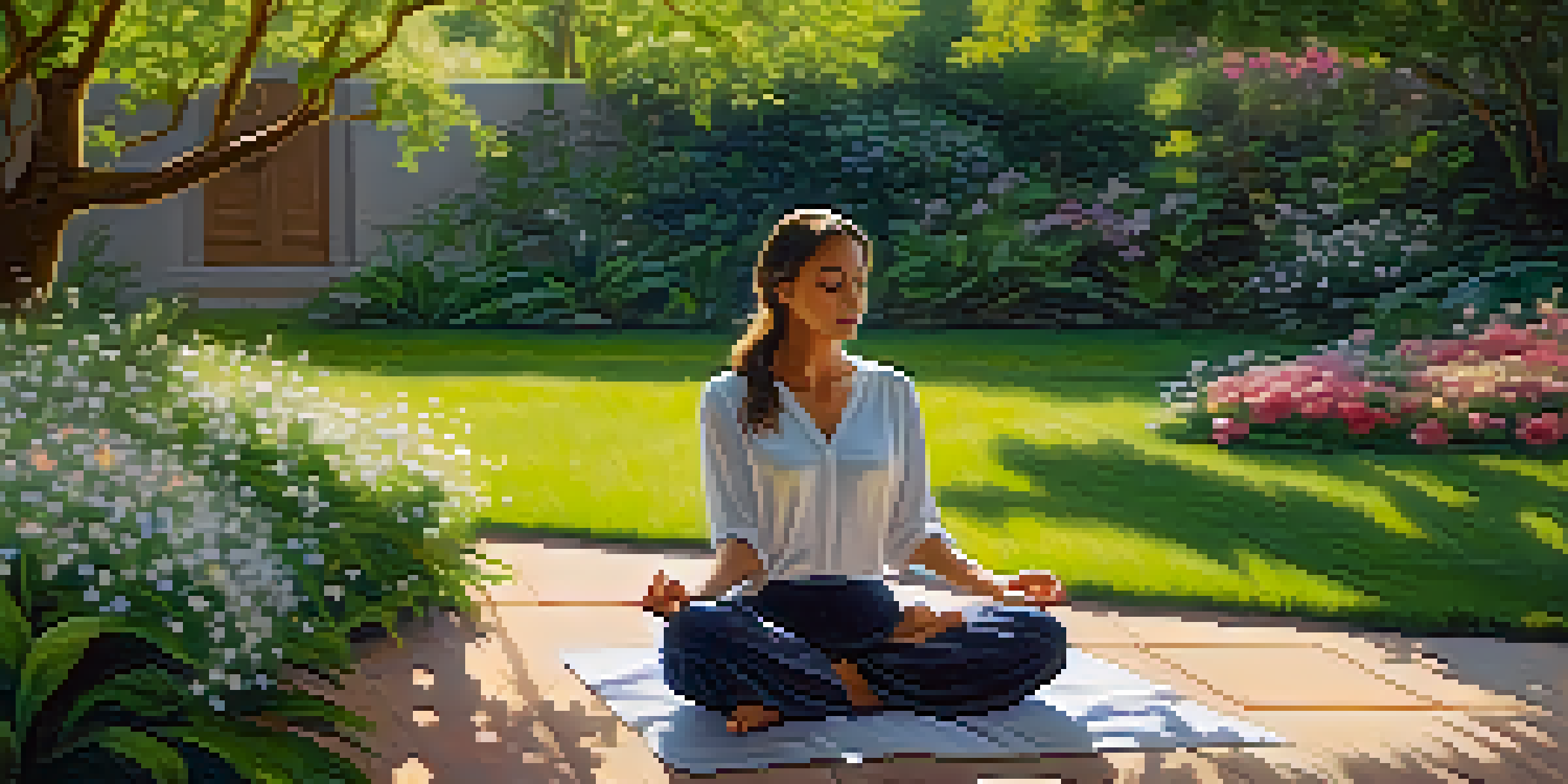 A person meditating in a peaceful garden filled with flowers and greenery, with sunlight filtering through the trees.