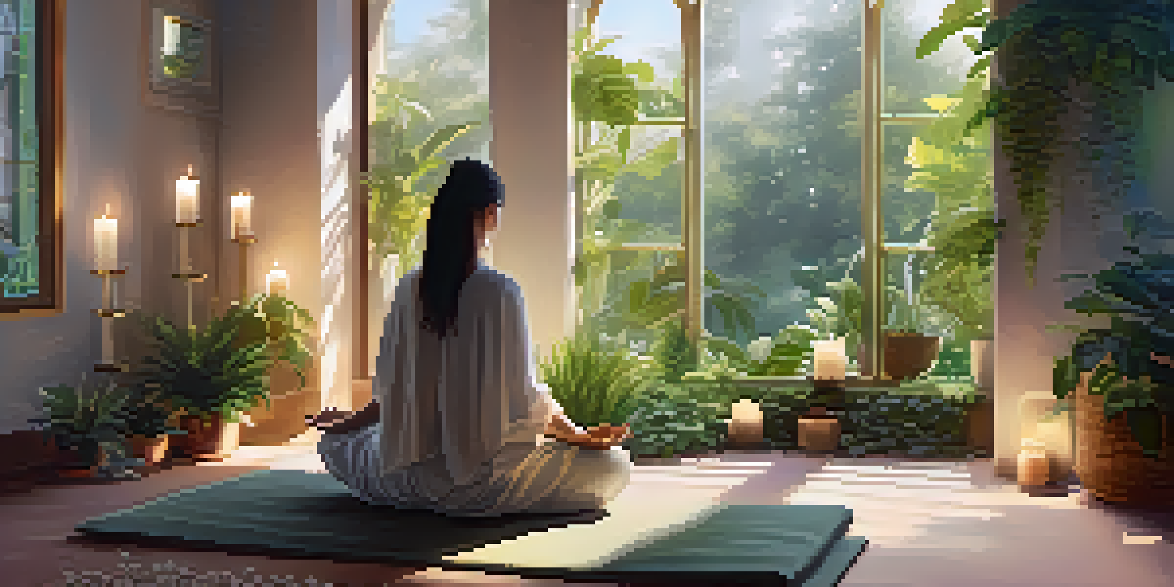 A peaceful meditation area with a person meditating, surrounded by plants and crystals, illuminated by sunlight.