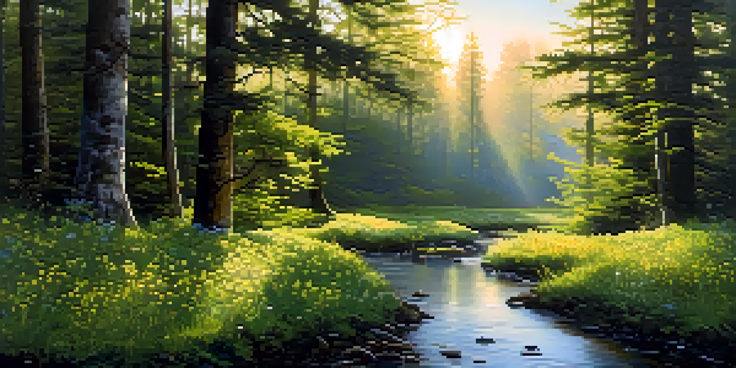A peaceful forest with sunlight streaming through trees and a stream flowing, surrounded by wildflowers.