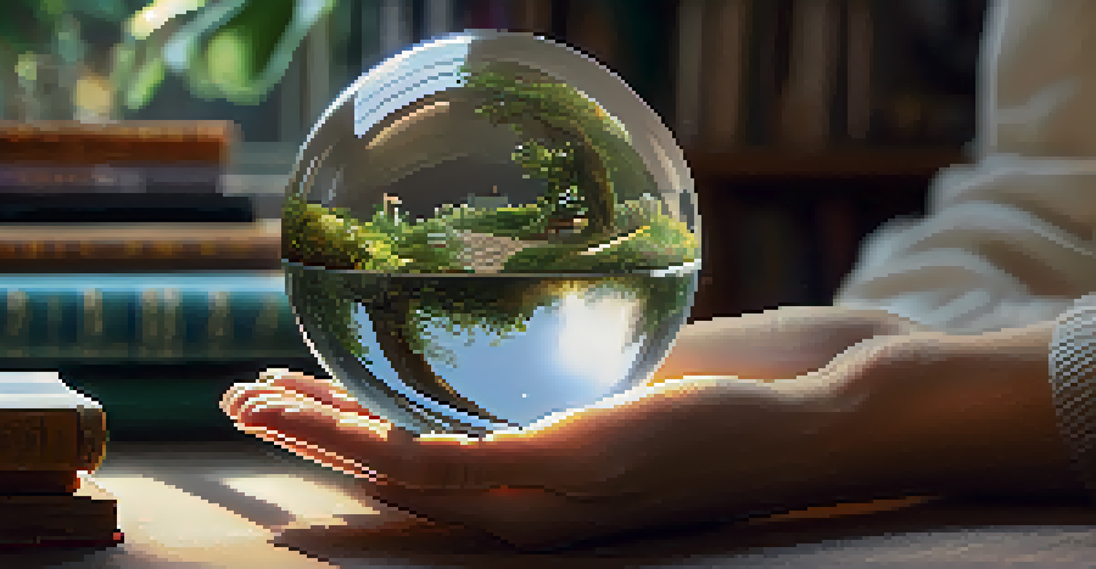 A close-up of a hand hovering over a crystal ball with colorful reflections.