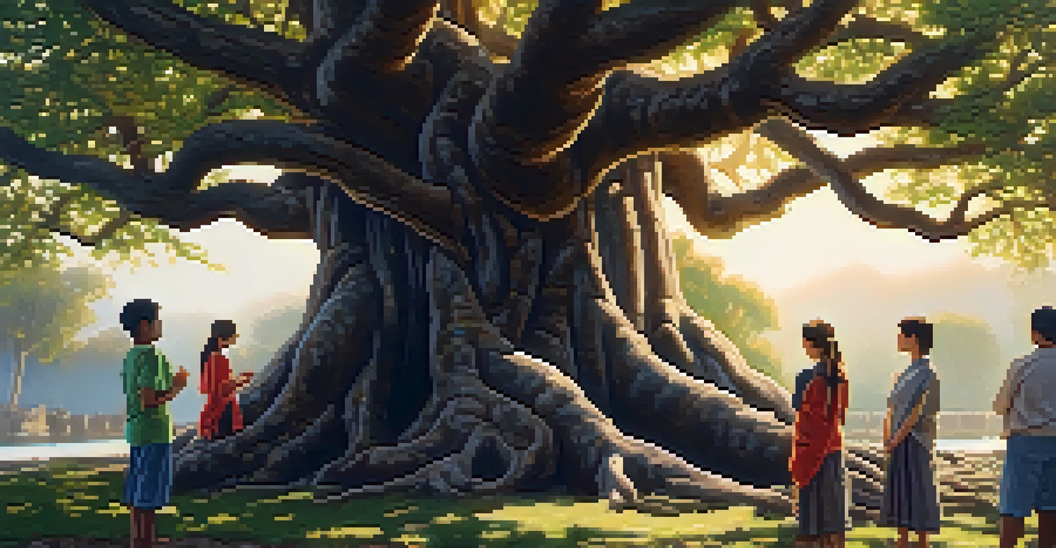 An ancient tree with people meditating and storytelling around it, representing the connection between ancestry and modern life in a peaceful setting.
