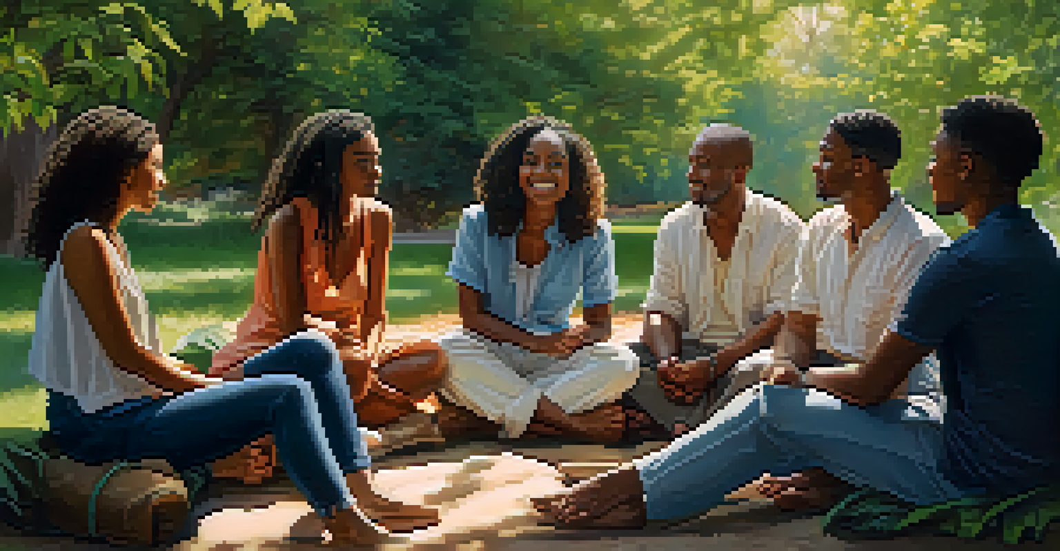A diverse group of people sitting in a circle outdoors, engaged in conversation with expressions of empathy and connection, surrounded by nature.