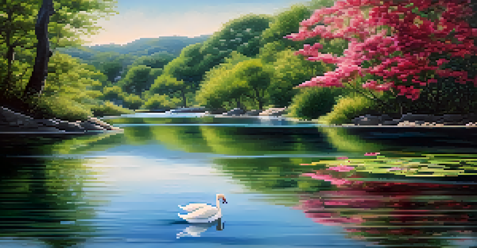 A person meditating by a calm river surrounded by vibrant flowers, creating a peaceful atmosphere.