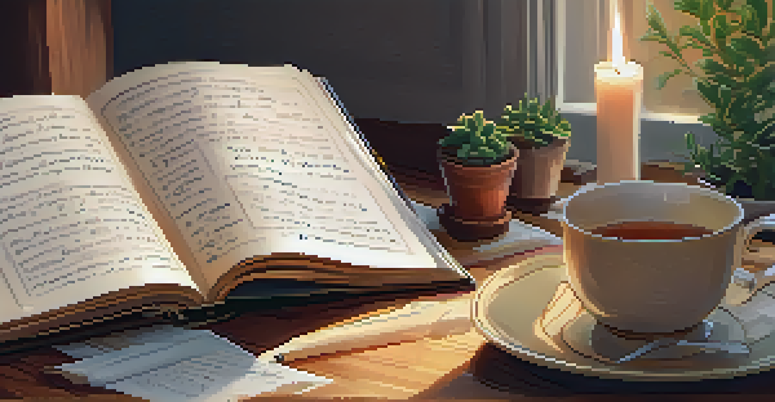 A journal on a wooden table with a cup of tea and a candle, inviting self-reflection.