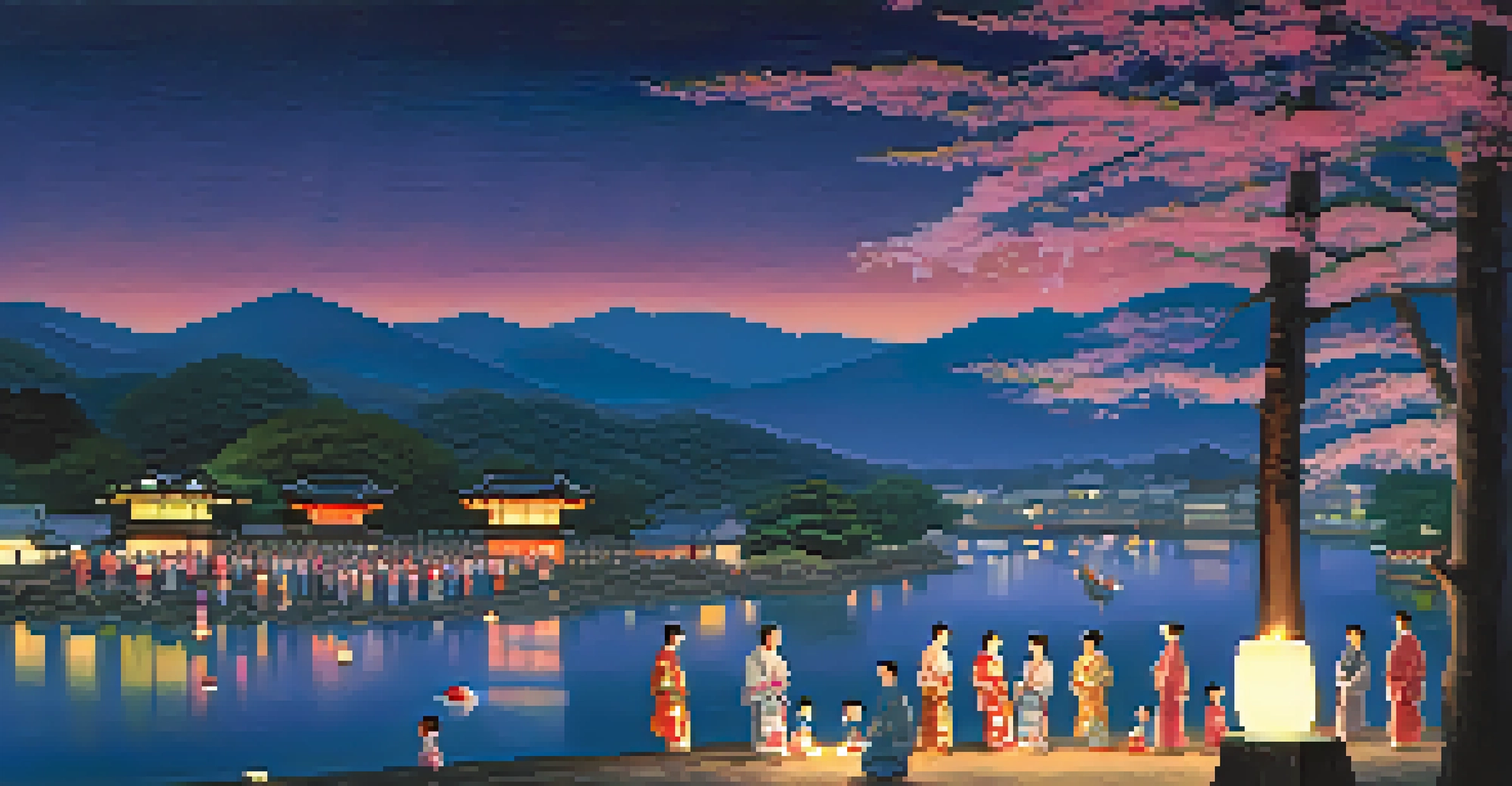 Families at a Japanese Obon festival, lighting lanterns by a river with traditional dancers in the background during twilight.