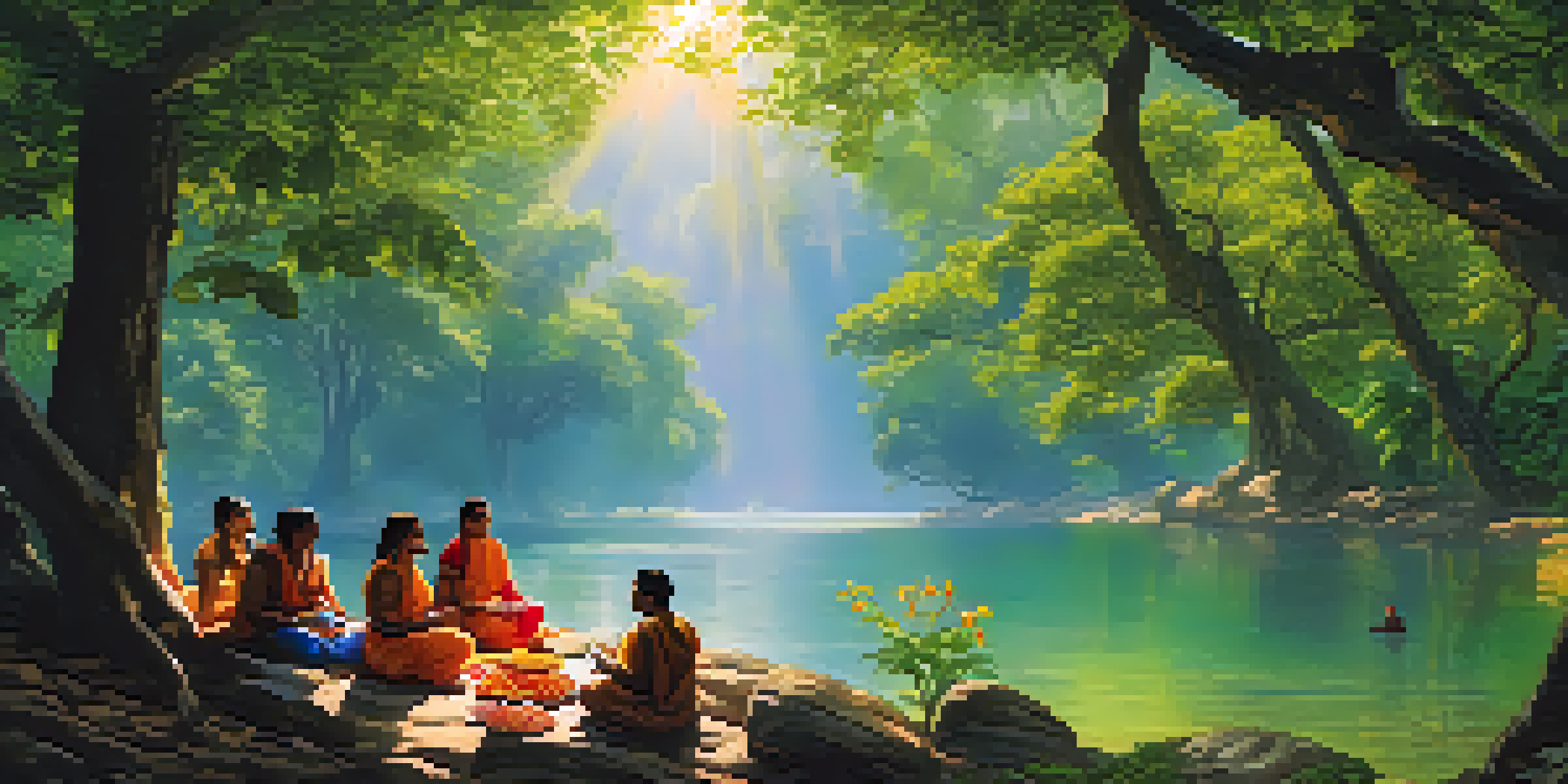 A tranquil view of the Ganges River surrounded by a lush forest, with people gathered around a tree for a ritual offering.