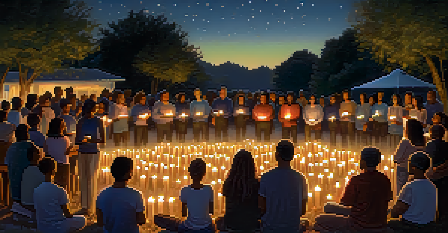 A group of people holding candles in an outdoor setting during an evening vigil, surrounded by trees and a starry night sky.