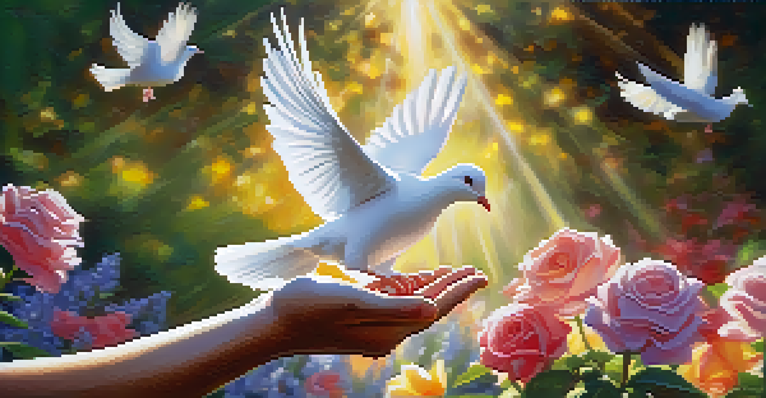 Two hands releasing a paper dove into a garden filled with colorful flowers, symbolizing forgiveness.