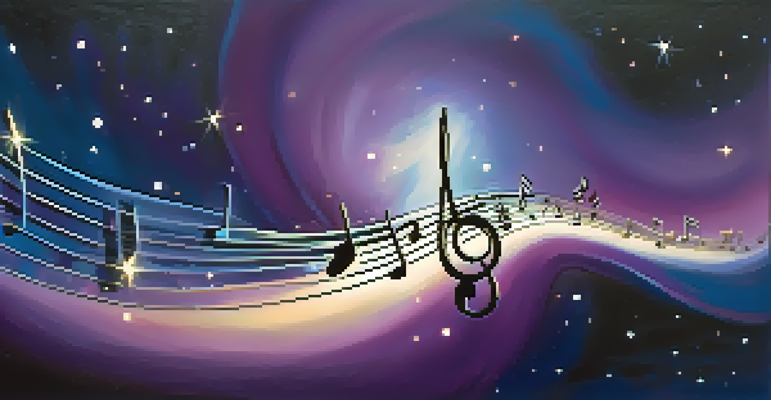 A musical note transforming into a wave of light against a deep purple and blue background with stars and clouds.