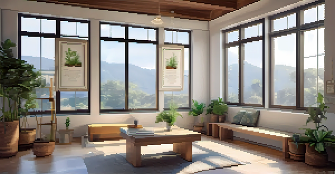 A bright office space with a meditation corner featuring cushions and a plant, decorated with inspiring quotes and artwork.