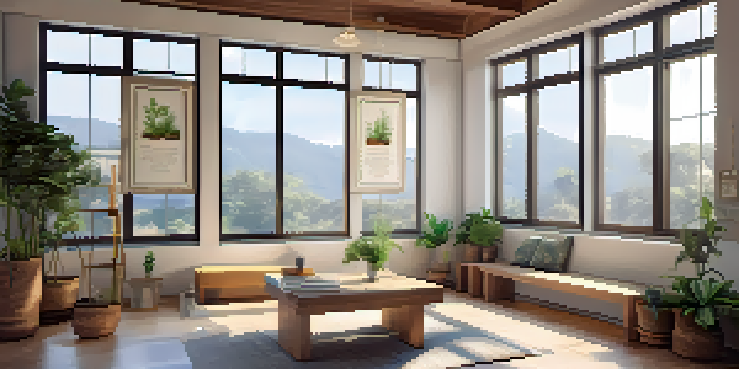 A bright office space with a meditation corner featuring cushions and a plant, decorated with inspiring quotes and artwork.